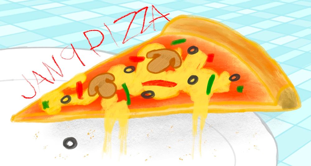drawing of a pizza slice with mushrooms, olives, and some unidentified red and green pieces