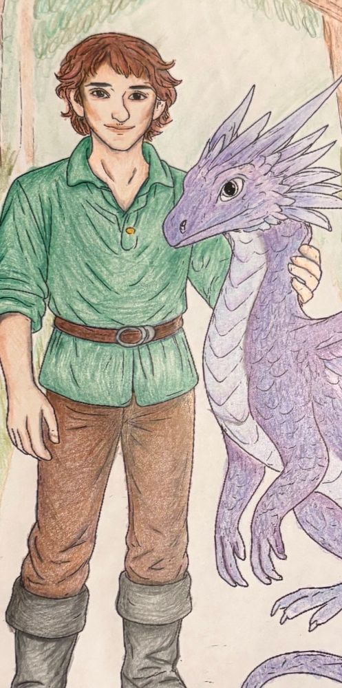 A hand drawn picture of Antin, a human teen, in black boots, brown leather trousers, a green tunic and wild brown hair. And Nyx, a indigo/blue dragon reaching to Antin’s shoulders