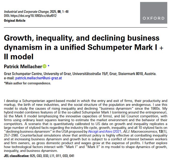Abstract of the paper "Growth, inequality and declining business dynamism in a unified Schumpeter Mark I + II model" published in the journal Industrial and Corporate Change (annual issue on Macro and Development): https://academic.oup.com/icc/advance-article/doi/10.1093/icc/dtaf012/8131422