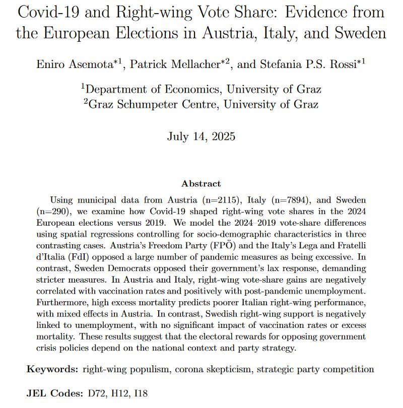 Abstract of the paper "Covid-19 and Right-wing Vote Share: Evidence from the European Elections in Austria, Italy, and Sweden"