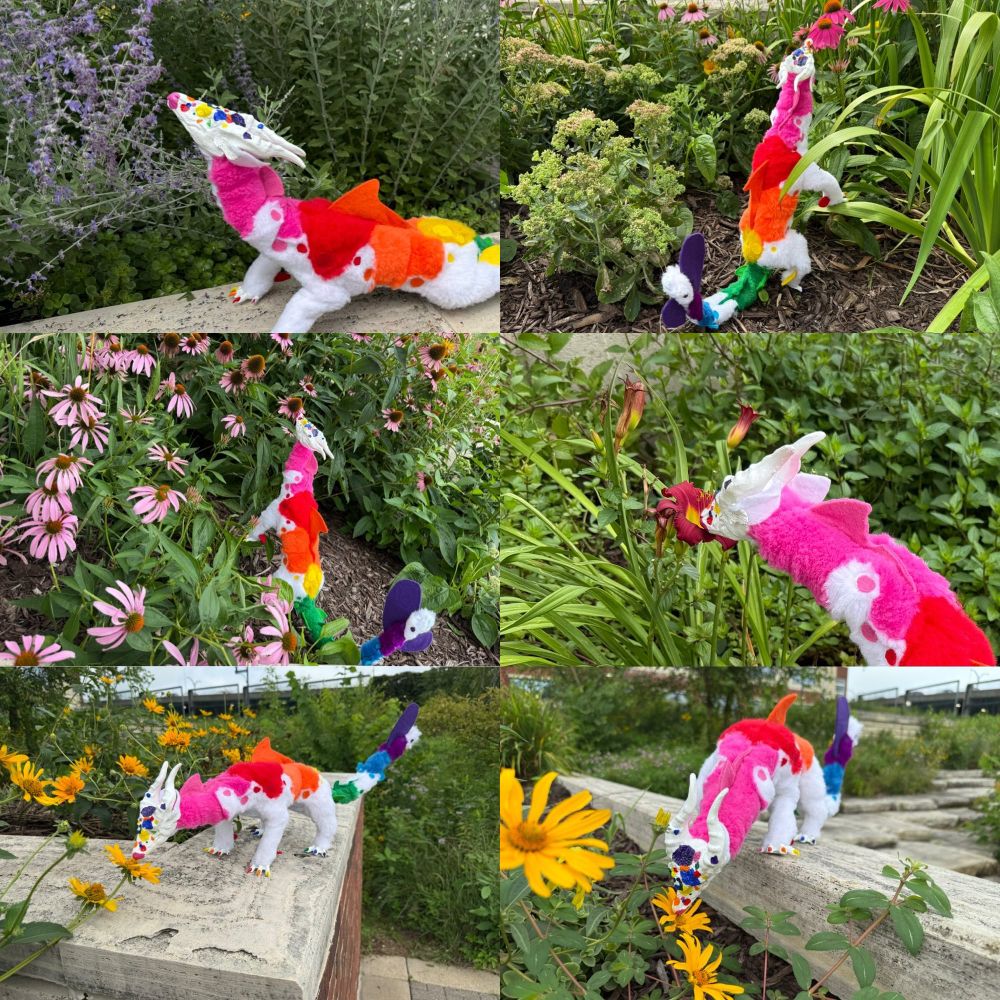 Rainbow dragon in various poses smelling different flowers. 