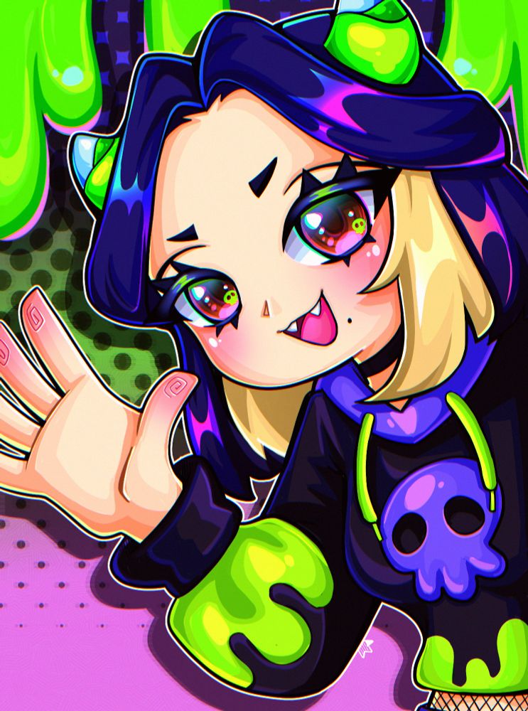 A character illustration of Jasmineitor. The character is smiling and waving, with vivid colors, and a slime background. 