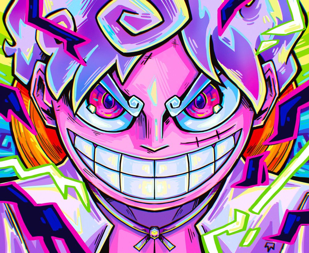 A character illustration of Monkey D. Luffy, a character in One Piece. He is in his Gear 5 transformation. The piece is bright with a lot of colors in it, a smiling expression, and cell shaded. 