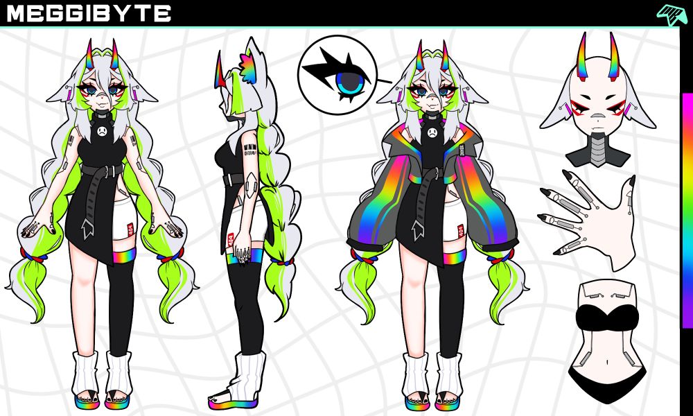 A digital illustration of my original character in her 2.0 design, which is RGB themed. Her theme is kitsune / yokai x cyberpunk. 