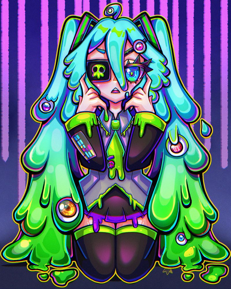 A character illustration of vocaloid Hatsune Miku with slime and eye motifs throughout the illustration. The colors of her outfit, skulls and slime aspects are inspired by Jasmineitor as a tribute towards her for her birthday. 