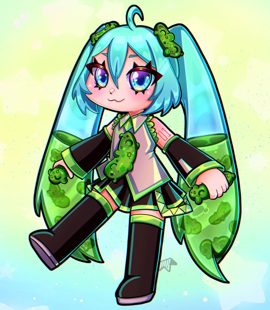 A fanart character illustration of Hatsune Miku with pickles. The piece features a lot of greens and blue with saturated colors, with a bokeh effect in the background. The character is in a stepping pose with a smile expression. 
