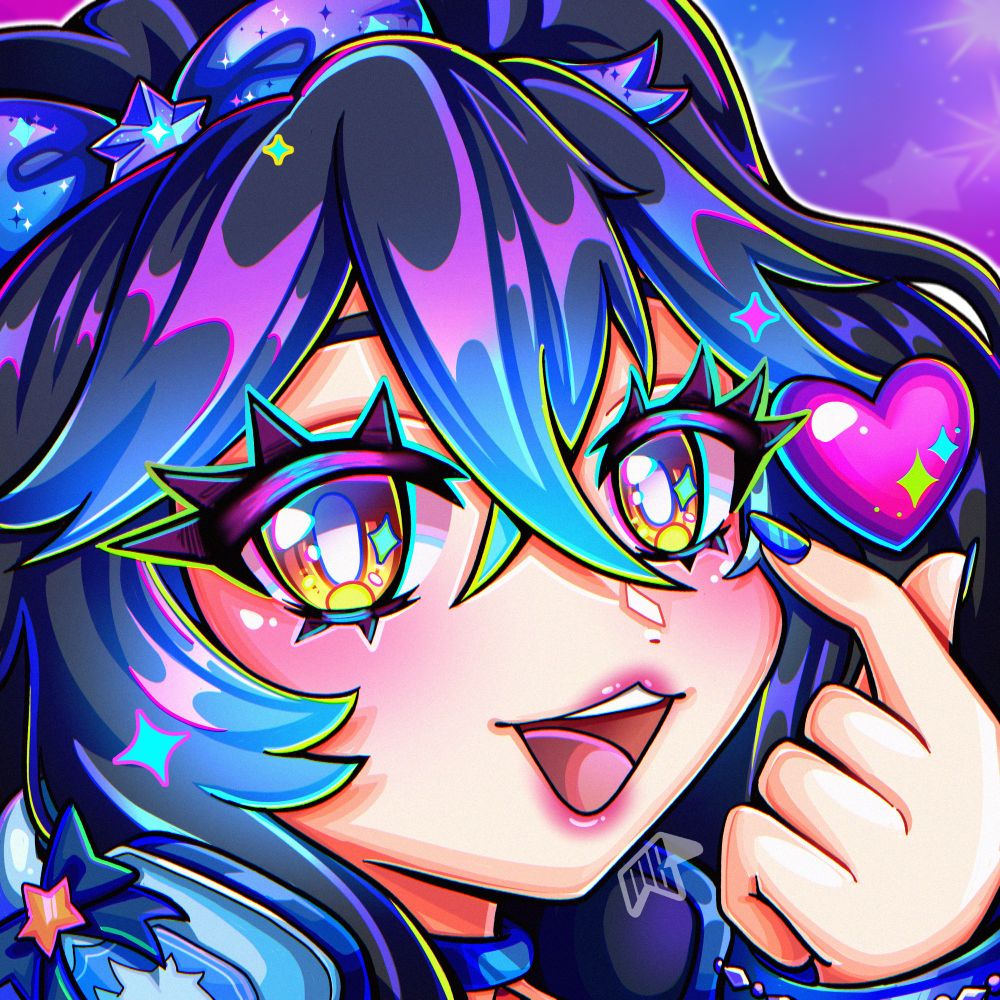 A character illustration of an original character belonging to Alchemist. This was a commission where she had given me artist freedom and vibrant colors. The character is doing the finger heart pose, while super happy. There are various neon colors throughout the piece as well as heavily cell shaded. 