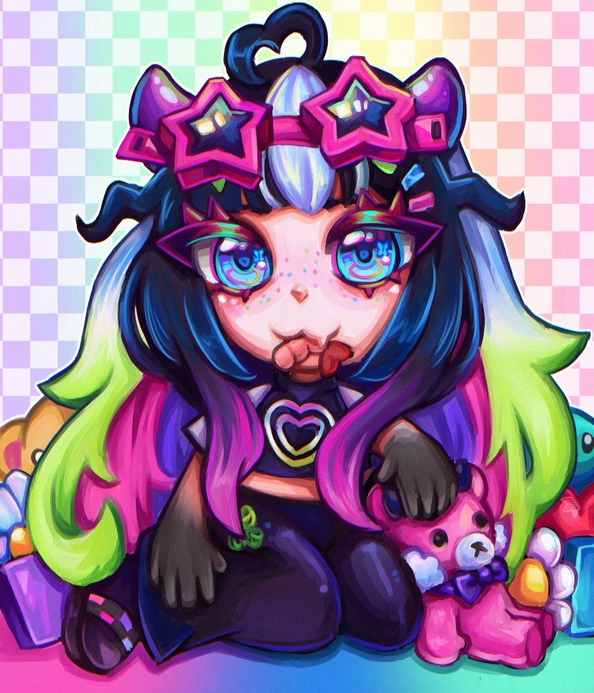 An illustration of Plush Unagi’s original character sitting on pile of plushies with her mascot Koemi.