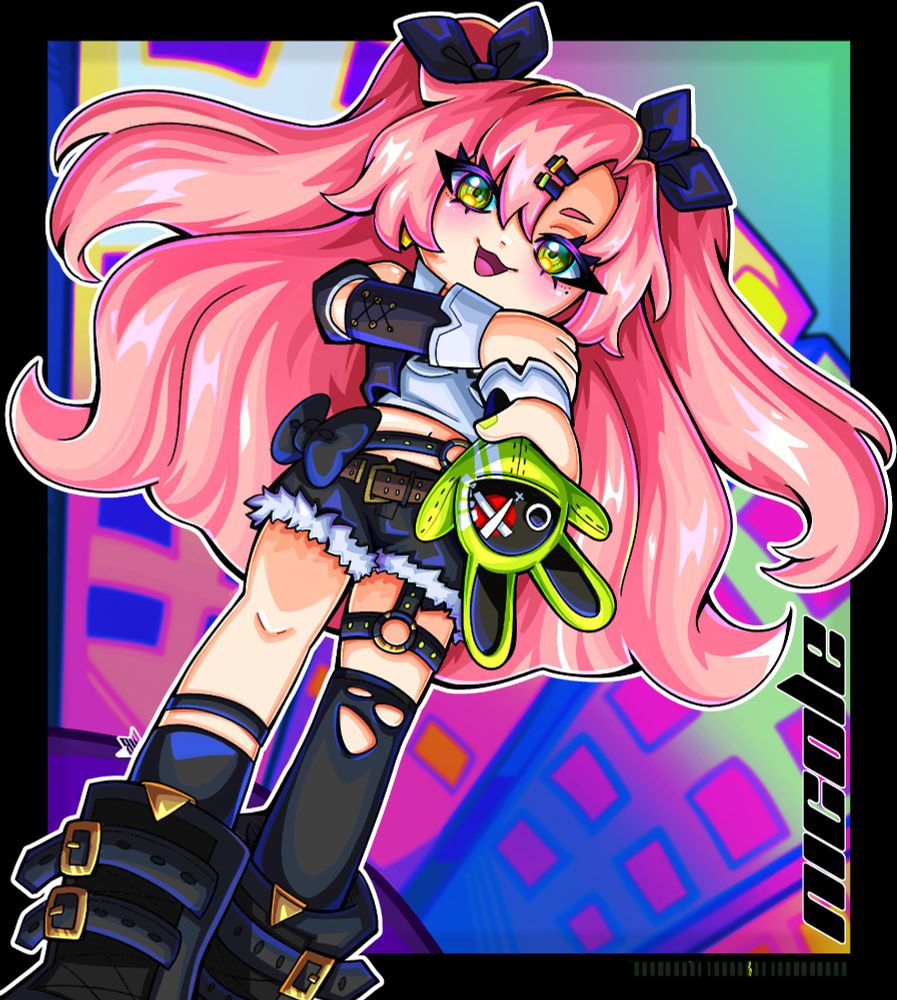 A character illustration of a character from Zenless Zone Zero, a game made by Mihoyo. The character has green eyes, pink hair, with neon colors in the background and holding her bangboo, Amillion.