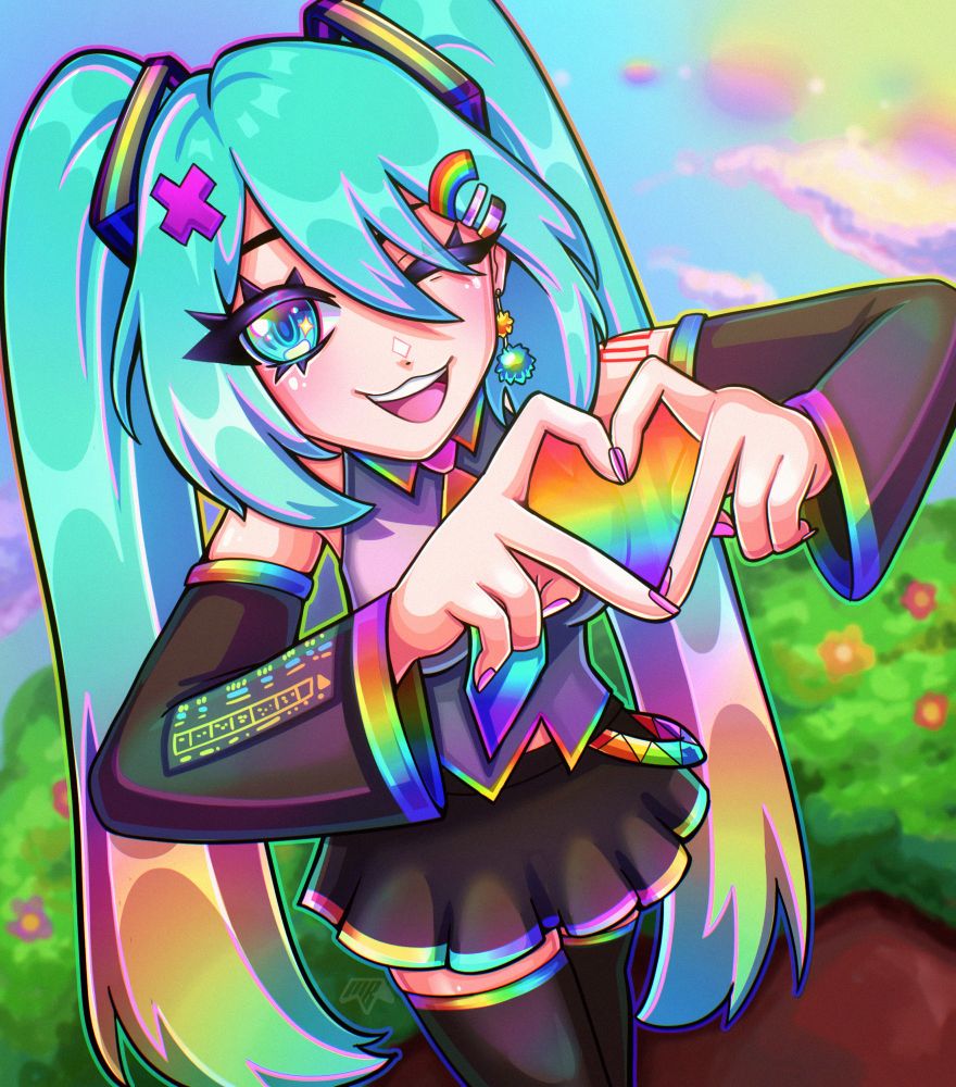 A character illustration of Hatsune Miku. Pride was the theme for June is a series I have been working on. She has a happy expression with very saturated colors and rainbow motifs throughout the illustration. She also has a rainbow, trans pride and nonbinary pride hairclip. 