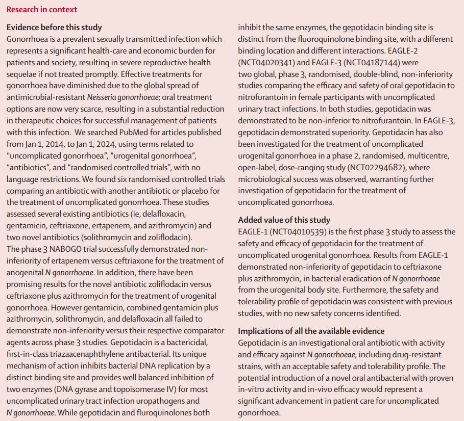 Research in context panel from Lancet paper "Oral gepotidacin for the treatment of uncomplicated urogenital gonorrhoea (EAGLE-1): a phase 3 randomised, open-label, non-inferiority, multicentre study". Copyright: 2025 Elsevier Ltd. All rights are reserved.