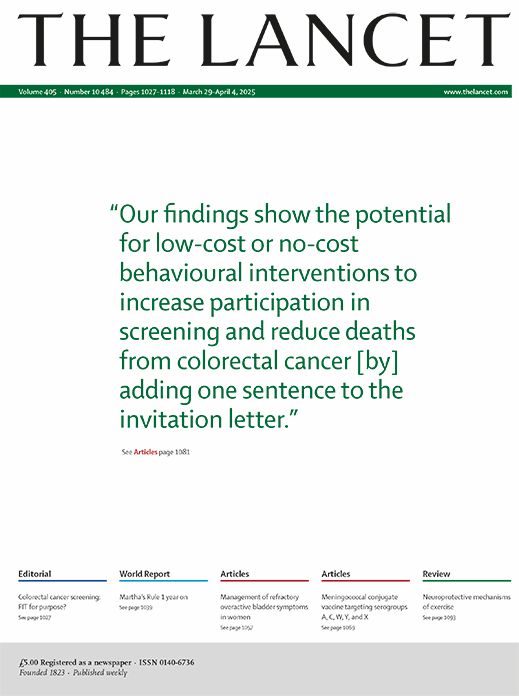 Cover of the March 29, 2025 issue of The Lancet. Quote on cover reads: “Our findings show the potential for low-cost or no-cost behavioural interventions to increase participation in screening and reduce deaths from colorectal cancer [by] adding one sentence to the invitation letter.”