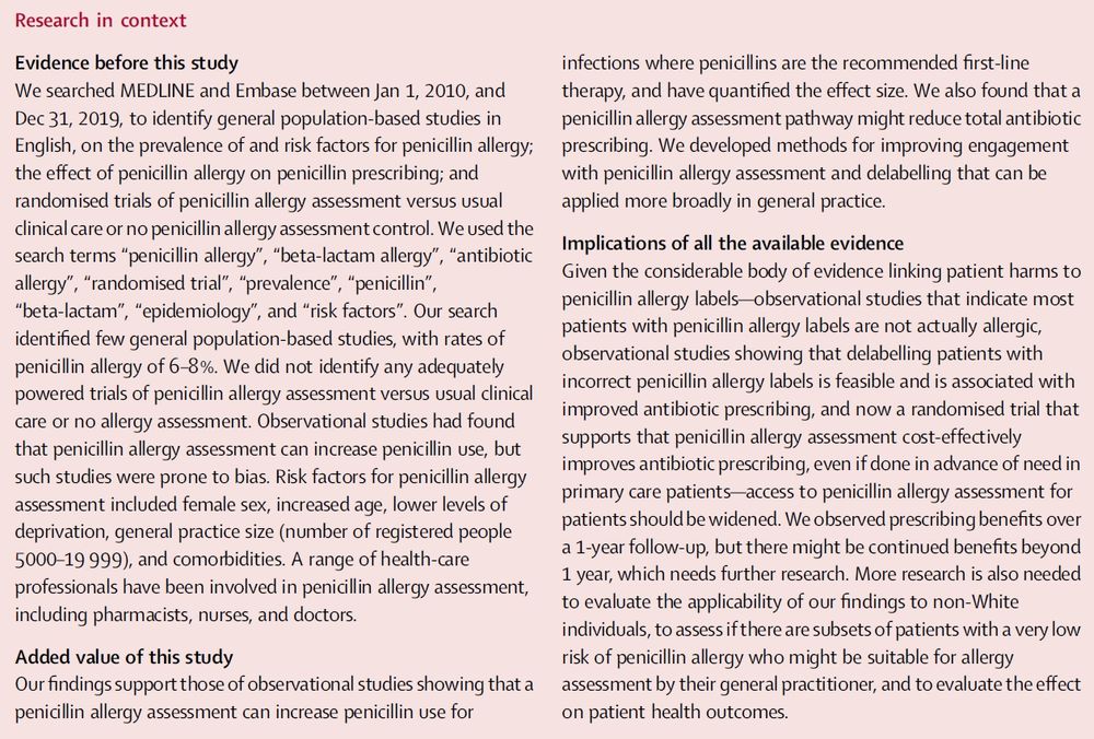 Research in context panel for "Penicillin allergy assessment pathway versus usual clinical care for primary care patients with a penicillin allergy record in the UK (ALABAMA): an open-label, multicentre, randomised controlled trial". Copyright: 2025 The Author(s). Published by Elsevier Ltd. CC BY 4.0.