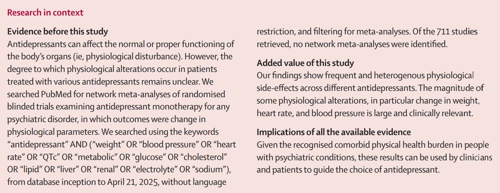 Research in context panel for Lancet paper "The effects of antidepressants on cardiometabolic and other physiological parameters: a systematic review and network meta-analysis". Copyright: 2025 The Author(s). Published by Elsevier Ltd. CC BY 4.0.