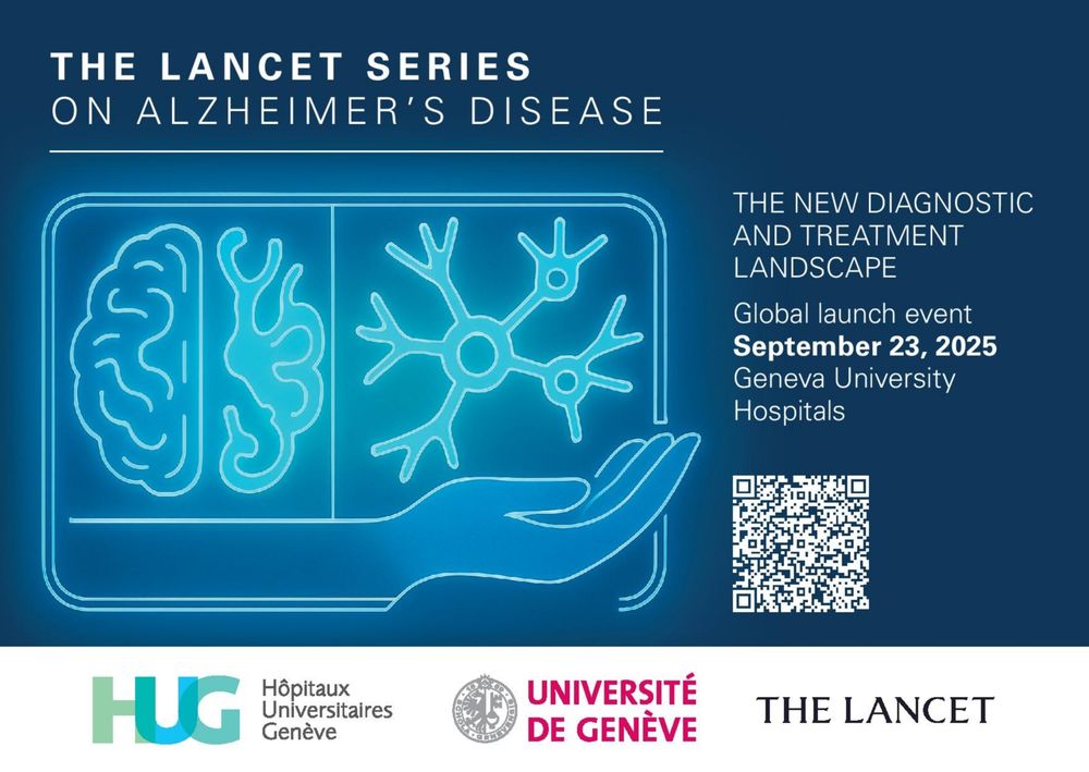 Alt: Promotional card for the launch of the Lancet Series on Alzheimer's disease on 23rd September 2025. Background image depicts a hand holding a neuron and a brain with one half of it deteriorating. Copyright: Hopitaux Universitaires Geneve.