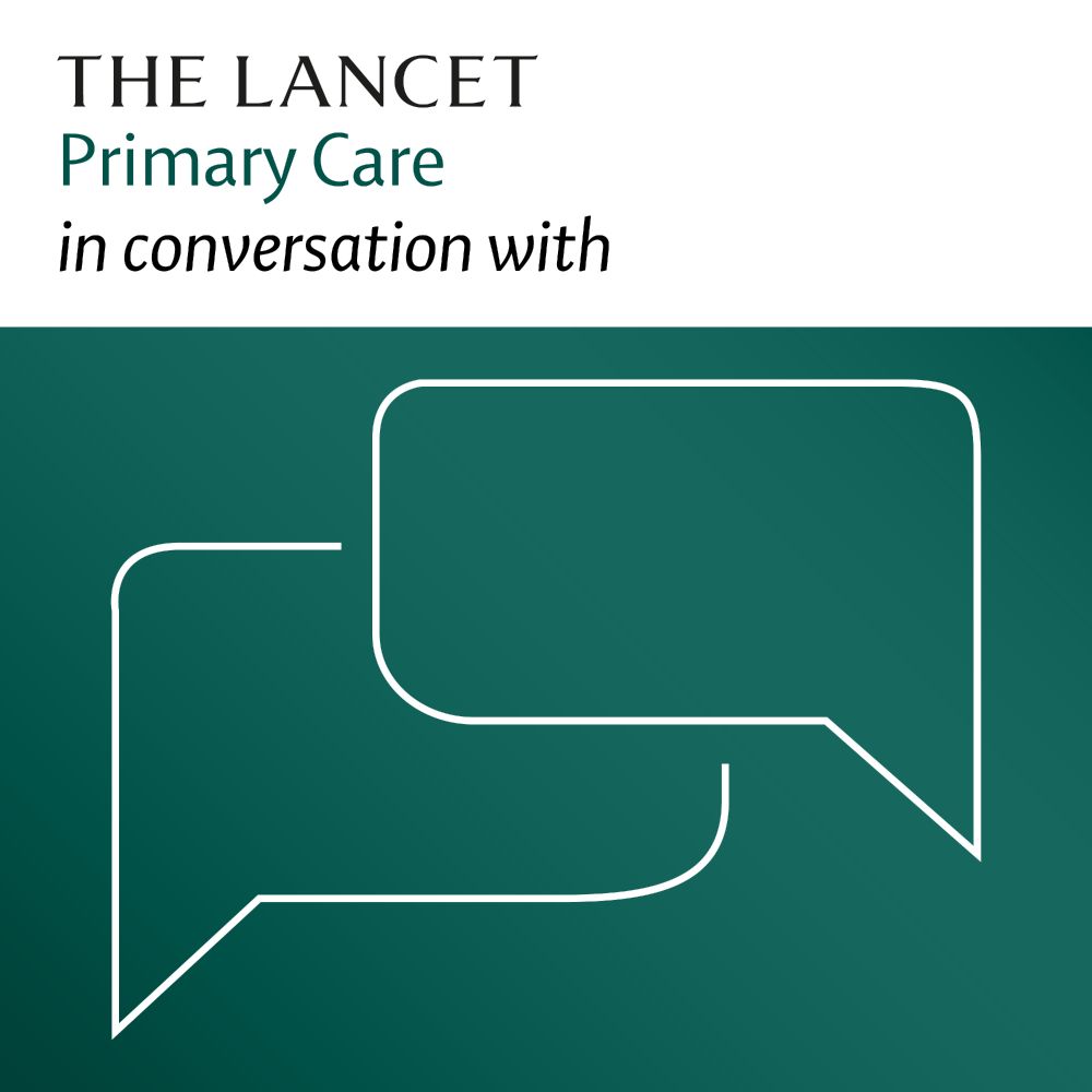 Artwork for The Lancet Primary Care in conversation with podcast; a green rectangle with white outline speech bubbles.