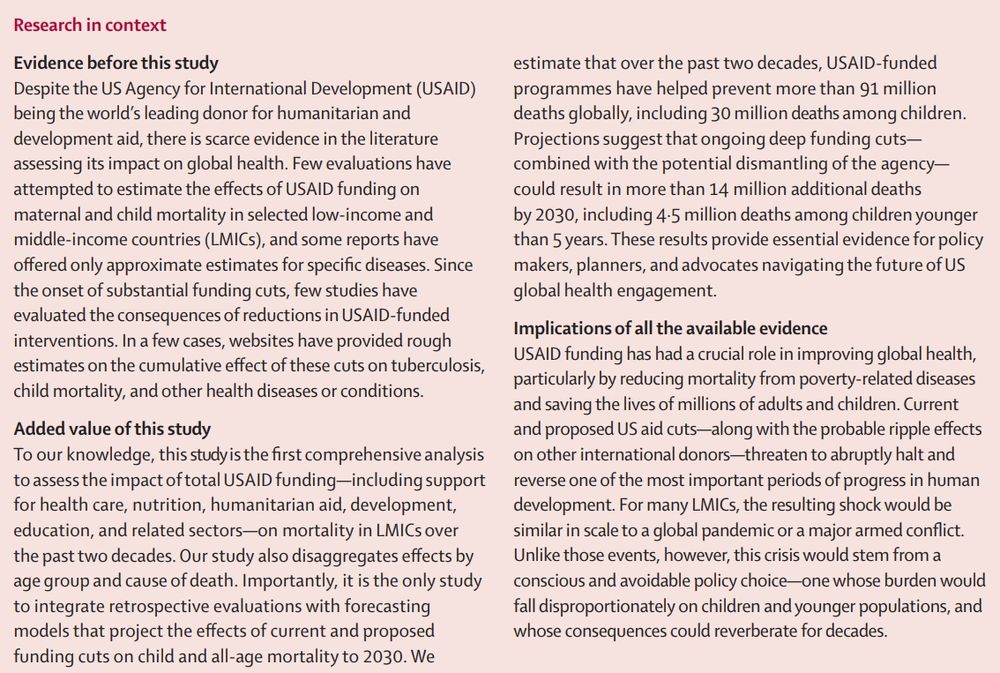 Research in context panel for Lancet paper "Evaluating the impact of two decades of USAID interventions and projecting the effects of defunding on mortality up to 2030: a retrospective impact evaluation and forecasting analysis". Copyright: 2025 The Author(s). Published by Elsevier Ltd. CC By 4.0.