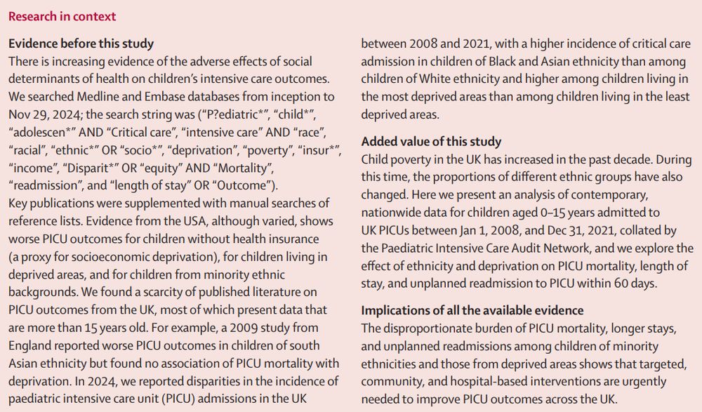 Research in context panel for "Contribution of ethnicity and deprivation to paediatric critical care outcomes in the UK, 2008–21: a national retrospective cohort study". Copyright: 2025 The Author(s). Published by Elsevier Ltd. CC BY 4.0.