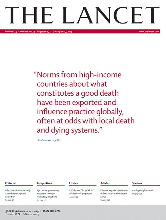 Cover of The Lancet's Jan 11, 2025 issue. Quote on cover reads: "Norms from high-income countries about what constitutes a good death have been exported and influence practice globally, often at odds with local death and dying systems."