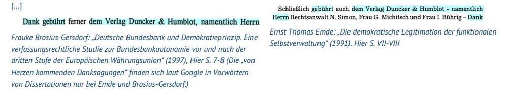 Ausschnitt aus dem Plagiatsgutachten von Herrn Weber. Kritisiert wird, dass die Formulierung "Dank gehört ferner dem Verlag Duncker & Humblot" so auch in anderen Werken auftaucht.