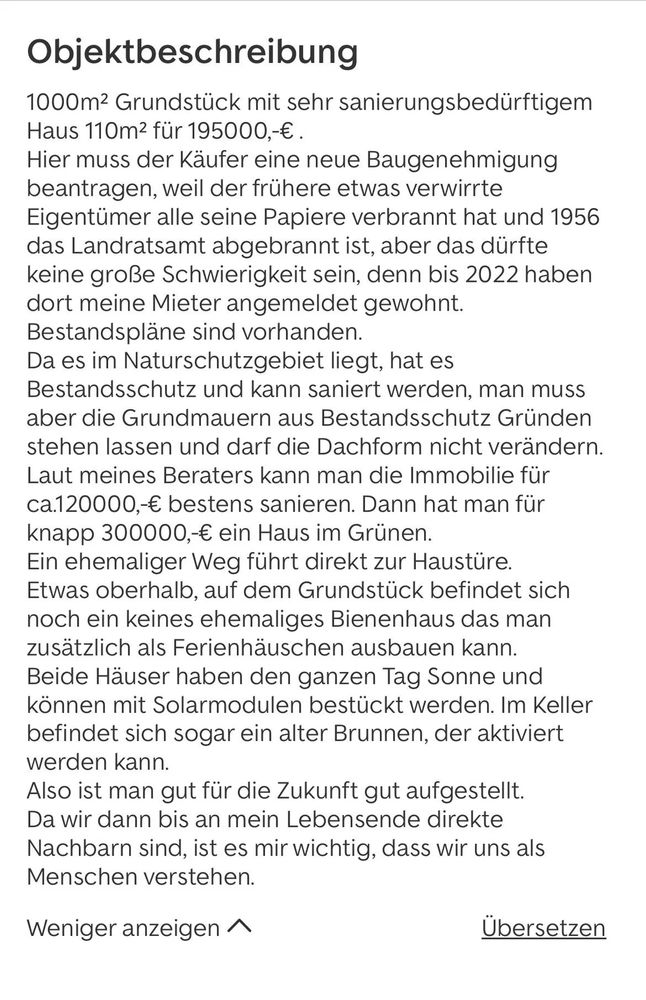 Der VK erklärt, dass man eine neue Baugenehmigung für den Bau im Naturschutzgebiet brauche, der verwirrte Voreigentümer habe alle seine Unterlagen verbrannt, das Landratsamt sei ebenfalls abgebrannt. Er sei aber zuversichtlich, dass das klar gine.