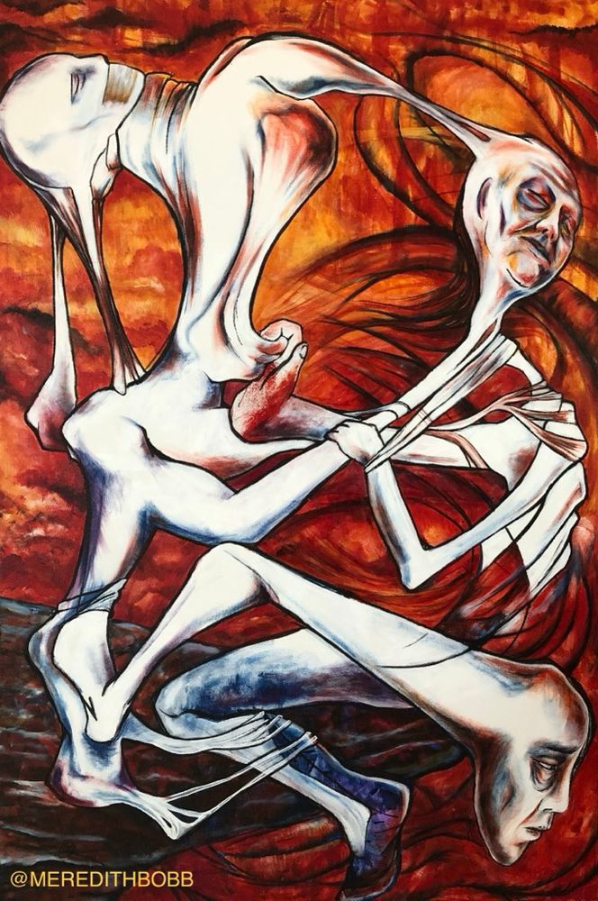 Human being attacked by a faceless creature. 