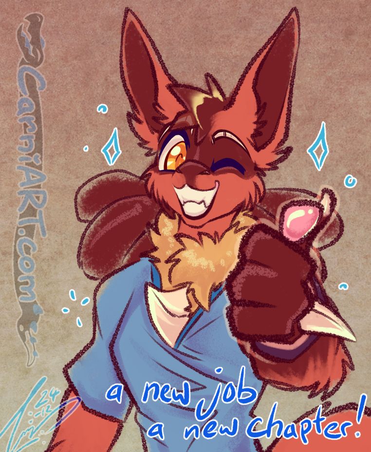 Anthropomorphic Lucario in warm sienna, orcher and brown colours, looking at the viewer with a smile and winking expression and an extended thumbs-up with text that reads "a new job, a new chapter"