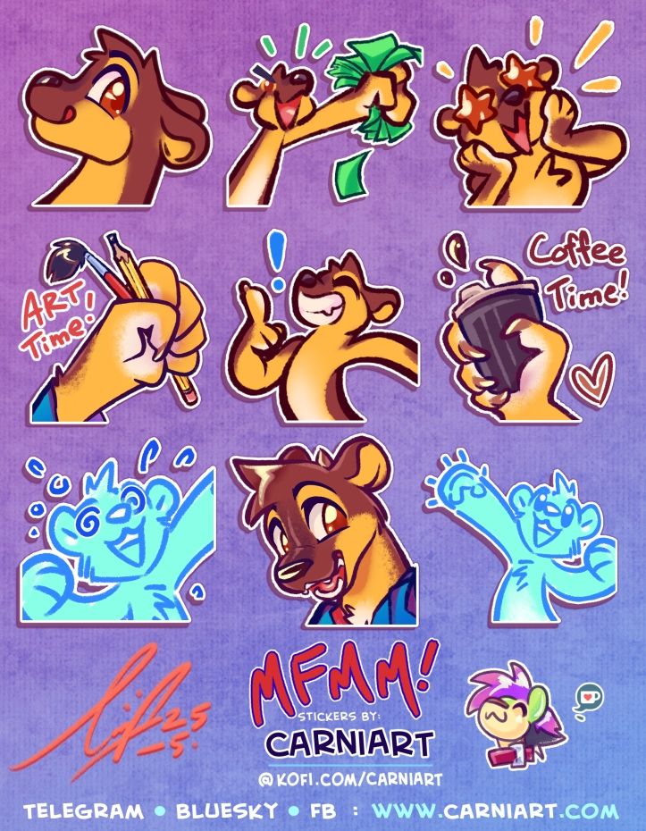 Preview swatch of a 9 telegram stickers featureing a cute and toony anthropomorphic Rakali character for Melbourne Furry Makers Market
