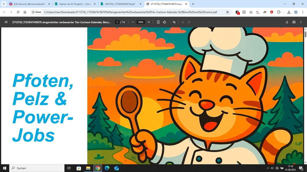 Neuer Kalender von Anja Zachrau
Pfoten, Pelz & Power-Jobs von Anja Zachrau
Tiercartoon-Kalender, Berufe mit Humor, 
Auf dem Cover ist eine lustige Cartoon-Koch-Katze mit Kochmütze beim Outdoor-Cooking.