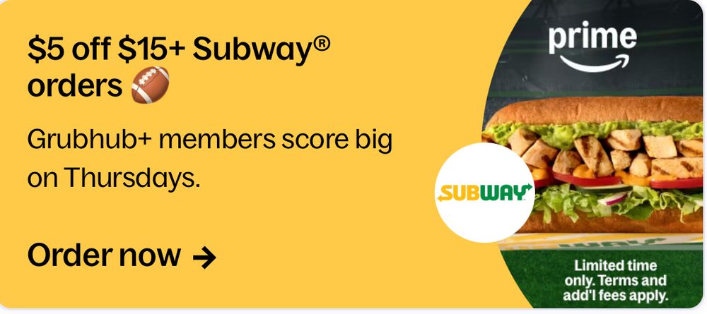 $5 off $15+ Subway orders.