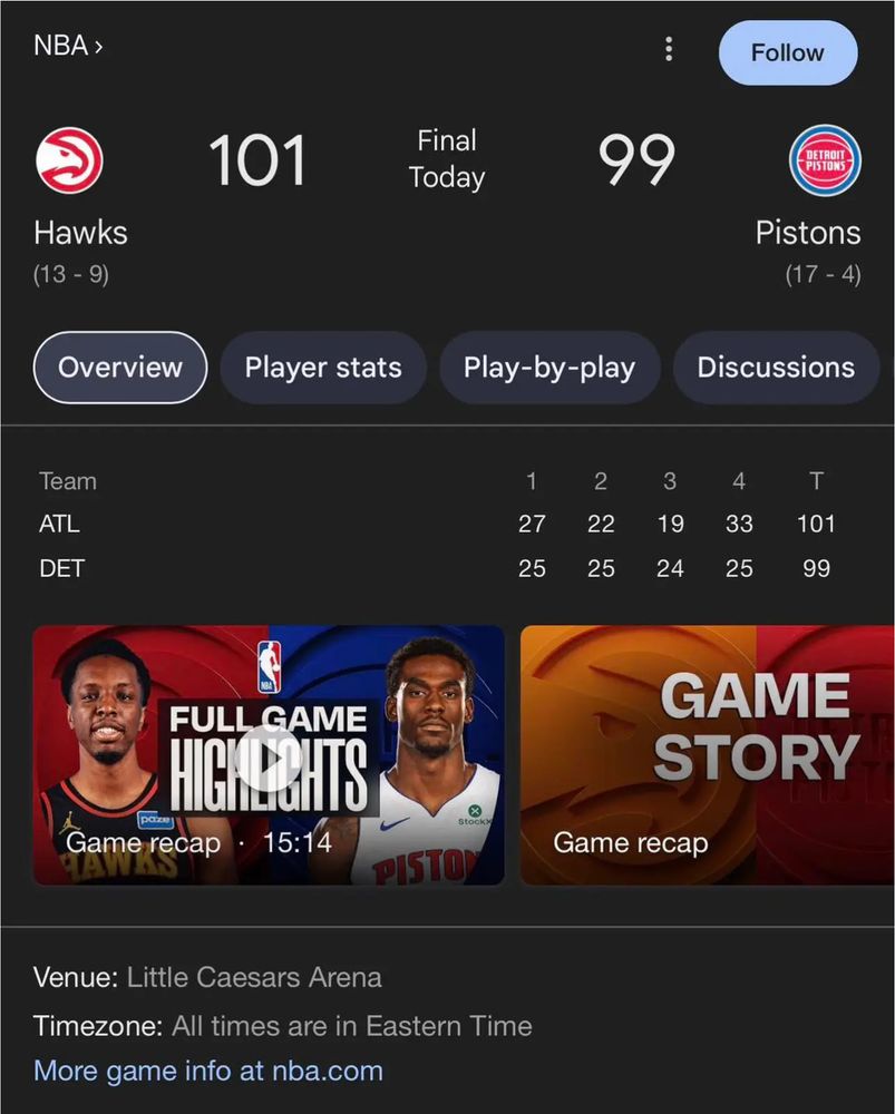 Shows the Pistons vs Hawks final score as 101-99 Hawks win when it was really 99-98 Pistons win on Google.