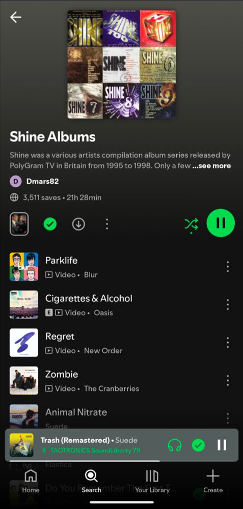 Screenshot of a Shine Albums playlist on Spotify, currently playing on shuffle