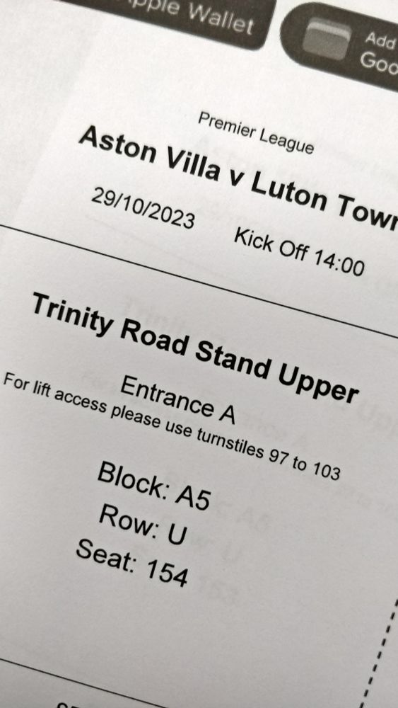 A picture of an e-ticket for the Aston Villa v Luton Town game