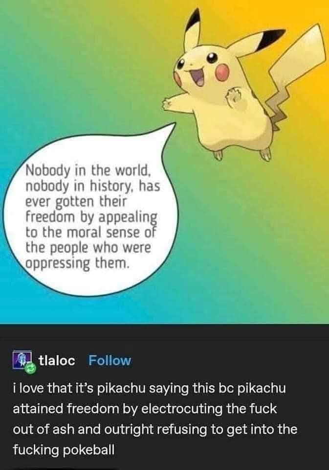 This image features Pikachu with a speech bubble saying, "Nobody in the world, nobody in history, has ever gotten their freedom by appealing to the moral sense of the people who were oppressing them." Below it, a comment humorously points out the irony, noting Pikachu gained freedom by electrocuting Ash and refusing to enter a Pokéball. The overall tone is satirical and reflective of rebellion.