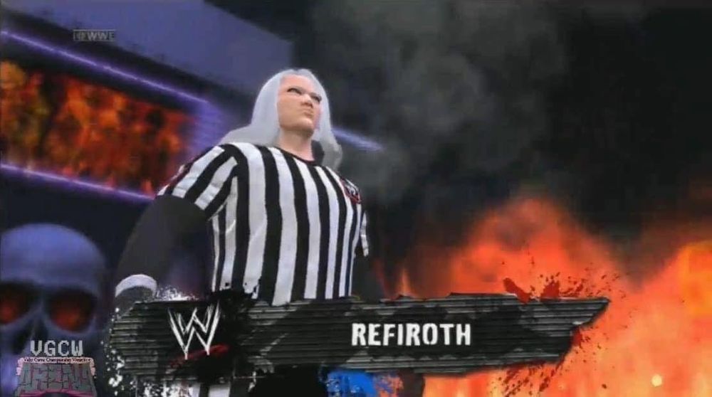 Create-a-character from recent WWE game, styled as Sephiroth from the Final Fantasy series, but wearing a referee shirt. Character's name is "Refiroth" as a pun on both "Referee" and "Sephiroth"