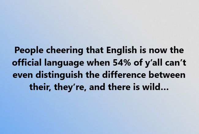 Image detailing the hilarity of over half the American people celebrating that English is the "official language" when they can't even tell the difference between "there", "their" and "they're".