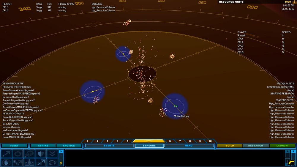 a screenshot of Homeworld. the screen is a dark orange, with nebula barely visible in the background. in the center of the screen is a large asteroid field, and surrounding it are many small blips that could be spaceships. there is a lot of UI covering everything, with a large disc in the center of the screen displaying distance and angle from the center of the screen. The bottom of the screen is covered by a large blue UI area, with many small buttons representing the various actions one can take in the game.