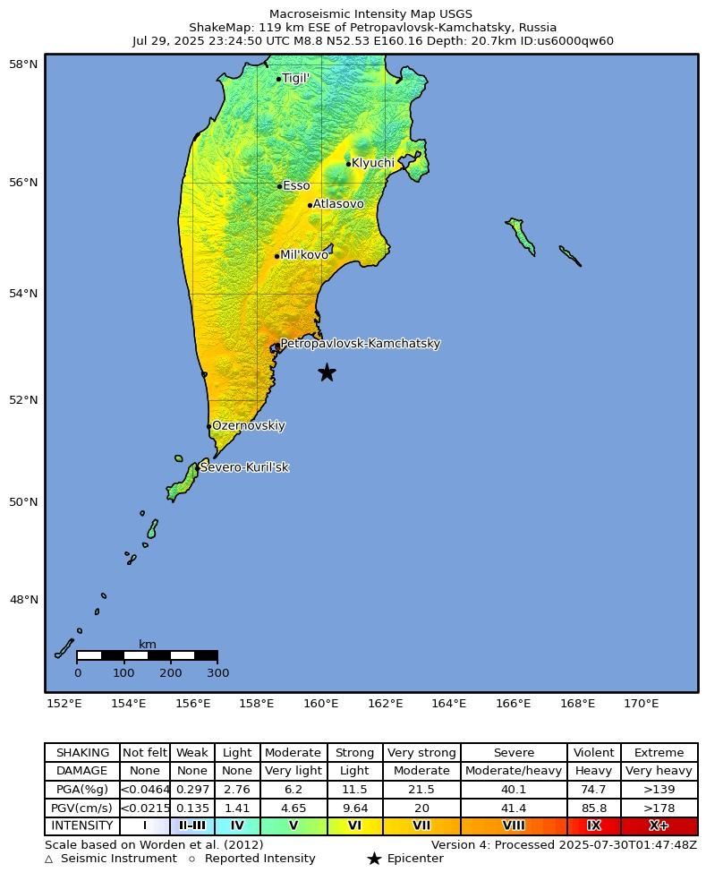 USGS shake map of the Jul 29 2025 Mw8.8 earthquake offshore Kamchatka 