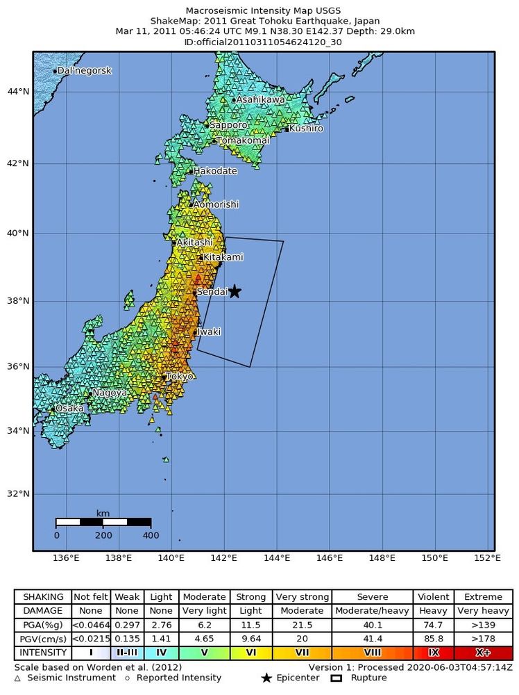 Intensity map of the Great Tohoku-oki M 9.1 Earthquake in 2011 in Japan.