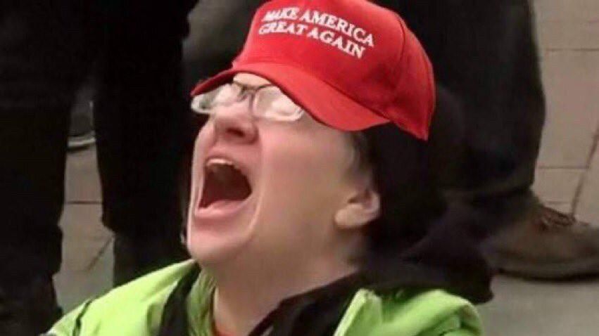 Screaming green jacket lady from the 2016 election but a maga hat has been photoshopped on her head.