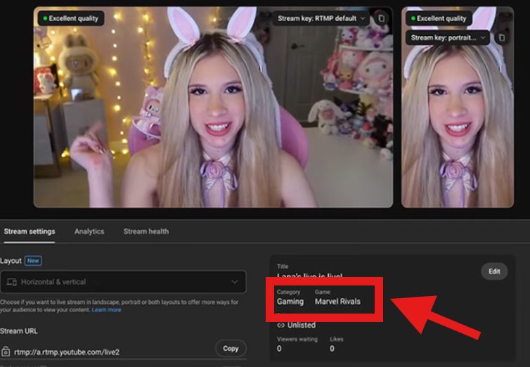Capture du mode multiformat youtube avec une streameuse en facecam et la catégorie "Gaming : marvel rivals" indiquée.