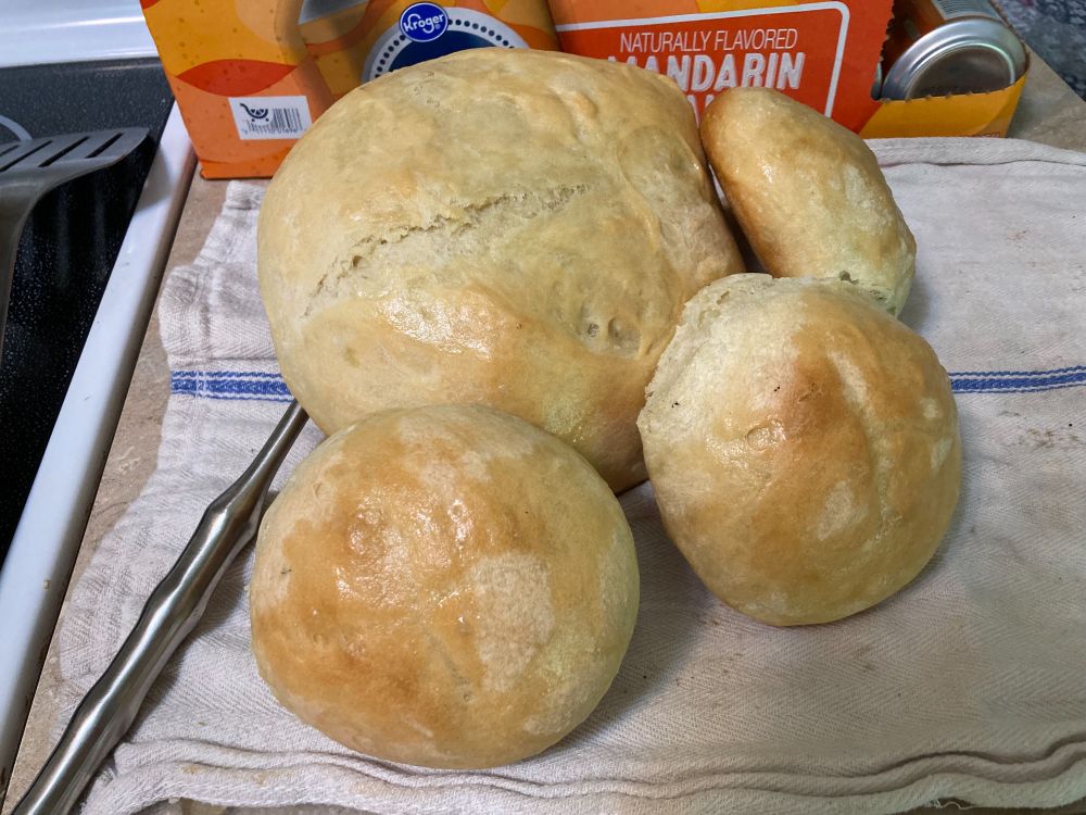 Finished loaves. Very hollow sounding, good bake. In cast iron skillet and Dutch oven. In the oven obviously. Haven’t baked bread for a while. It feels good. 