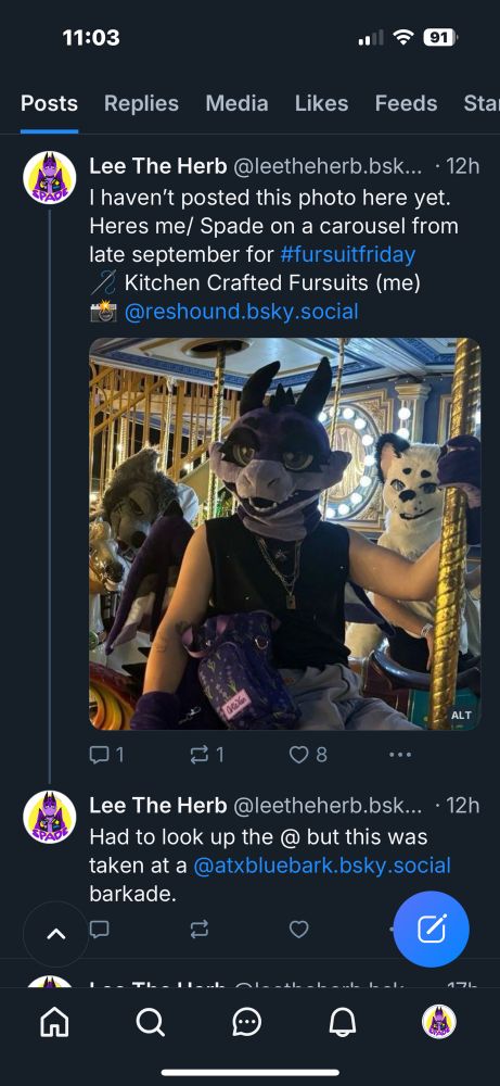Image shows a bluesky post with 8 likes and 1 repost. Caption says “I haven’t posted this photo here het. Heres me/ Spade on a carousel from late september for #fursuitfriday 
[Sewing needle emoji] Kitchen Crafted Fursuits (me) 
[Camera emoji] @reahound.bsky.social 
[image- Alt in previous post] 
Comment “Had to look up the @ but this was taken at a @atxbluebark.bsky.social barkade” 