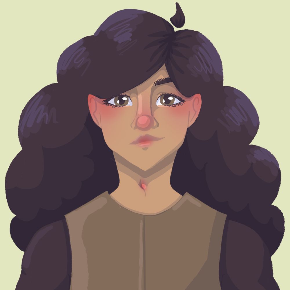 Tan human with long curly black hair and brown eyes wearing a black undershirt and a leather breast plate. 