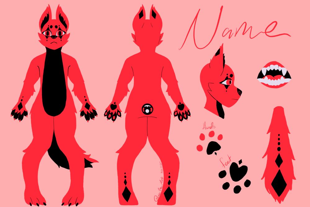 Red dog with black spots making it resemble a clown. 