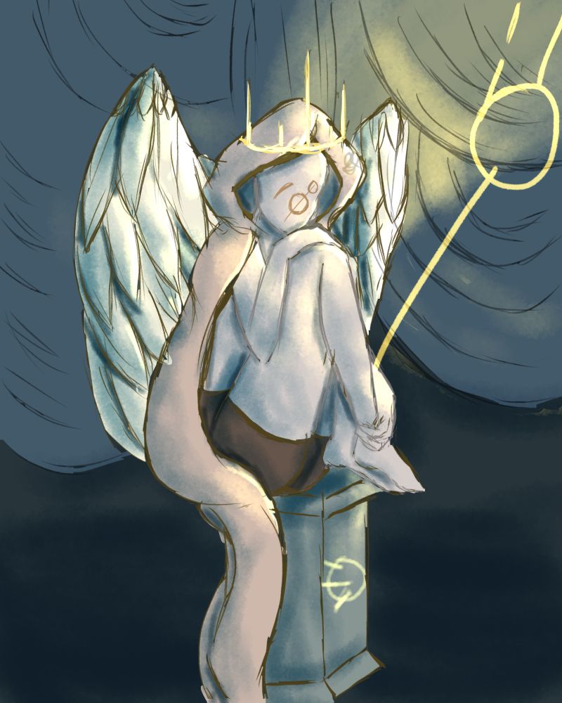 Helios, the high priest, is sitting on a platform with his wings folded behind him. He has a hood over his faceless head, over which is a glowing crown. In one hand, he is holding a staff. Curtains billow behind him.