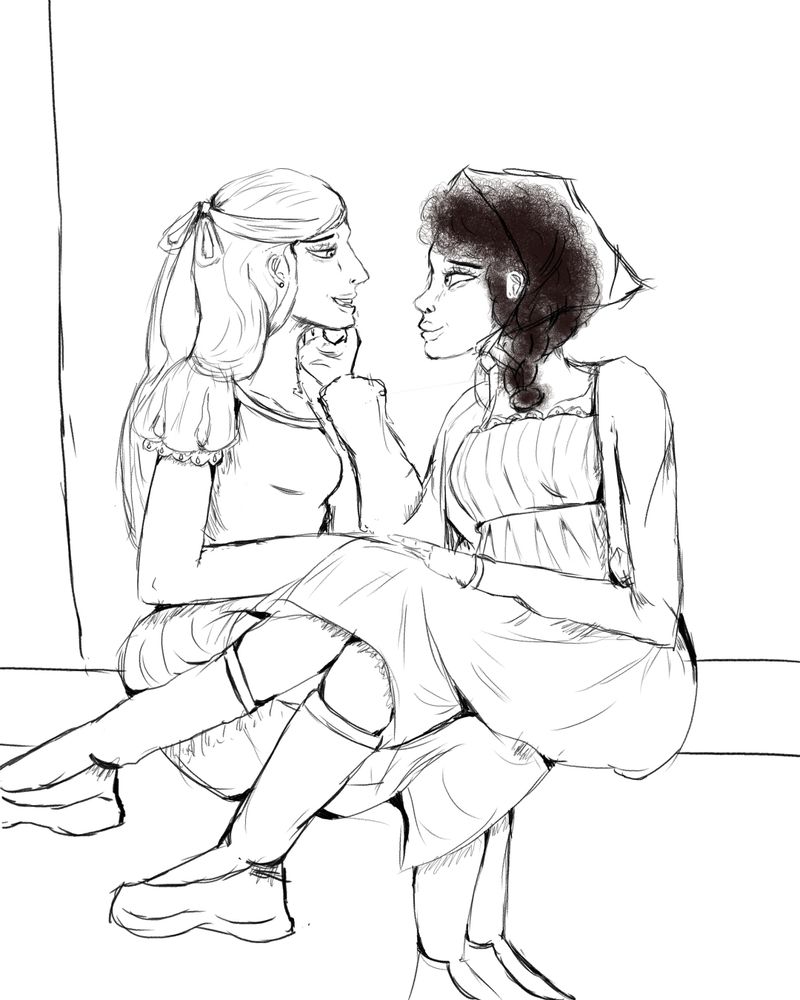 A work in progress sketch of my OCs, Phoebe and Themis, staring lovingly into each other's eyes as Phoebe sits in Themis' lap. Very Yuri.