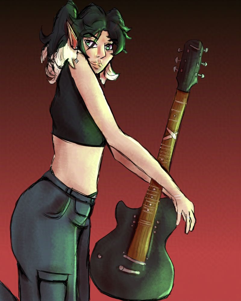 planetvenus' sona, Vinnie, drawn for Artfight. She straddles a black electric guitar while looking straight at the camera. #ocsky #artfight #oc