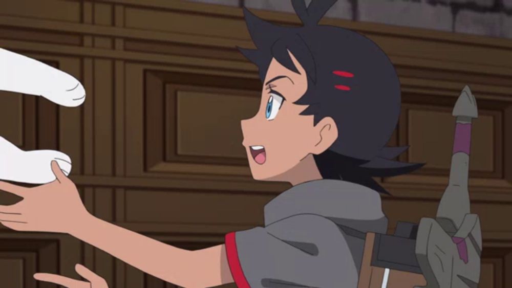 a cartoon of a boy holding a sword and a pokemon