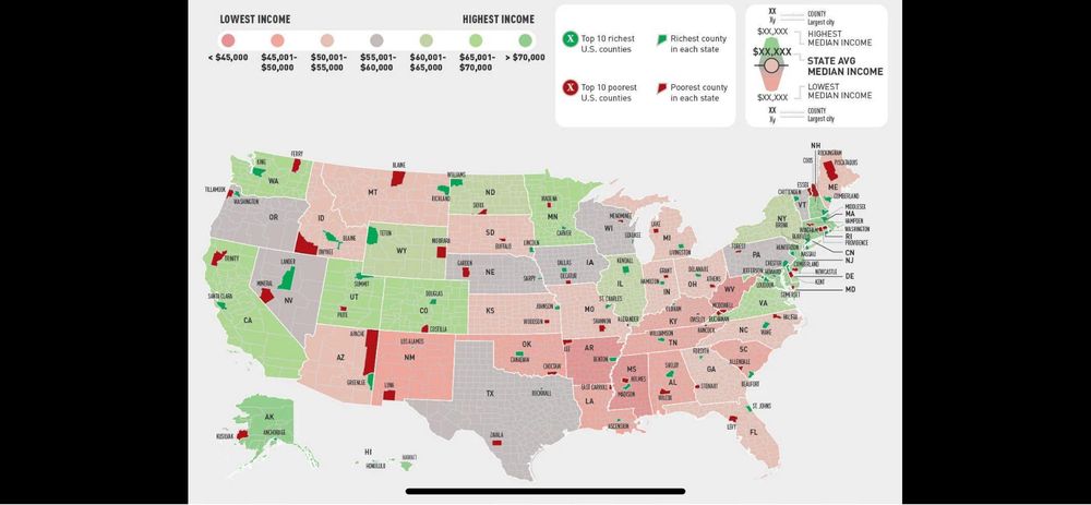 A map of the USA with the richest and poorest county in each state highlighted in green and red.